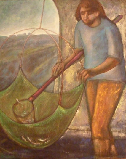 104) Giovane pescatore sotto il ponte Saline di Comacchio 1977 96x121 olio su tela.jpg