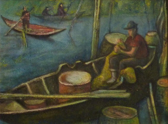 52) Pescatore sul fiume Adda 1982 38x29 Olio sul legno.jpg